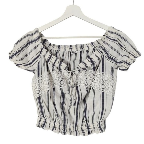Haute Monde Linen Stripe Off Shoulder Lace Trim Crop Top Women SZ L Fairy Cottag - Picture 1 of 9